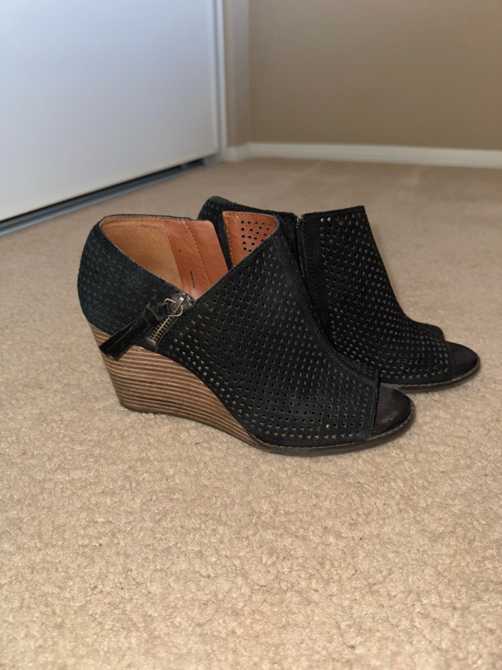 Black Perforated Wedge Peep-Toe Booties